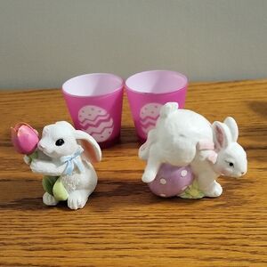Easter Bunny Figurine Set And 2 Pink Votive Candle Holders